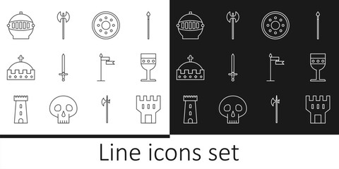 Set line Castle tower, Medieval goblet, Round wooden shield, sword, King crown, iron helmet, flag and axe icon. Vector - obrazy, fototapety, plakaty