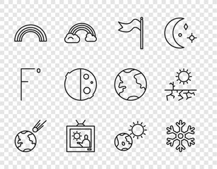 Set line Comet falling down fast, Snowflake, Meteorology windsock wind vane, Weather forecast, Rainbow, Eclipse of sun, Earth globe and and Drought icon. Vector