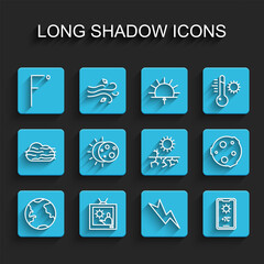 Set line Earth globe, Weather forecast, Fahrenheit, Lightning bolt, Eclipse of sun, Moon and Drought icon. Vector