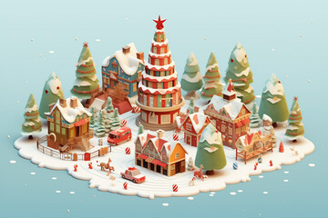 Christmas tree in the center and colorful house village city on snowing road in winter season holiday in December 3D isometric illustration