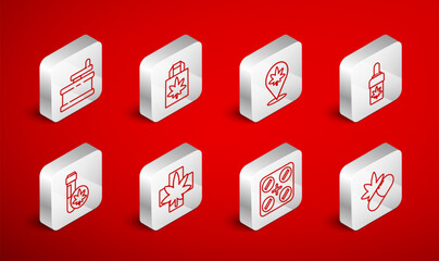 Set line Medical pills with marijuana, Shopping paper bag of, Location and, Marijuana or cannabis olive oil, Manual grinder, leaf and Chemical test tube icon. Vector