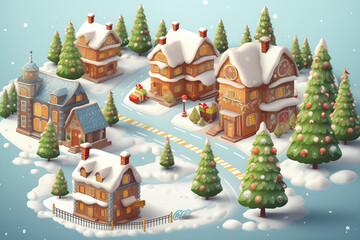 Gingerbread house village city and Christmas trees snow winter season holiday 3D isometric illustration - obrazy, fototapety, plakaty