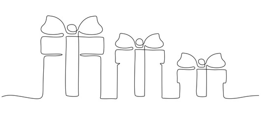 Merry Christmas decoration. Wavy line with gifts boxes. Greeting present package. Continuous one line art drawing. Modern continuous line draw design graphic vector illustration