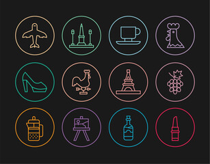 Set line Lipstick, Grape fruit, Coffee cup, Rooster weather vane, Woman shoe, Plane, Eiffel tower and Place De La Concorde icon. Vector