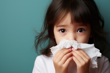  Child uses tissue to stop nosebleeds minimalistic superb clean image - obrazy, fototapety, plakaty