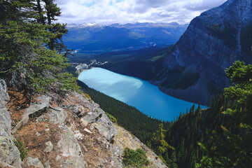 Spectacular view of the blue color of Lake Louise from the Big Beehive viewpoint. Alberta, Canada
