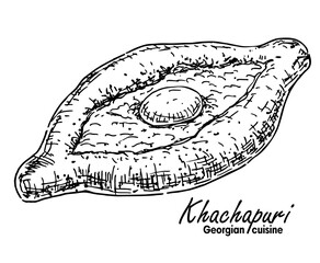 Khachapuri sketch. Adjarian khachapuri. Georgian cuisine, national dish khachapuri. Hot food, tortillas with seasoning. Hand drawn vector illustration