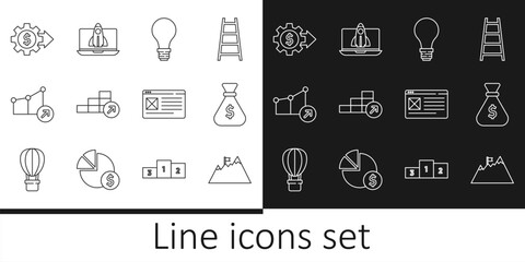 Set line Mountains with flag, Money bag, Light bulb concept of idea, Financial growth, Gear dollar, Browser window and Startup project icon. Vector