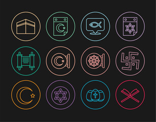 Set line Holy book of Koran, Hindu swastika, Christian fish, Star and crescent, Decree, paper, parchment, scroll, Kaaba mosque, Dharma wheel and icon. Vector