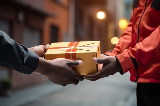 package delivery man giving boxes of packages to another person for delivery