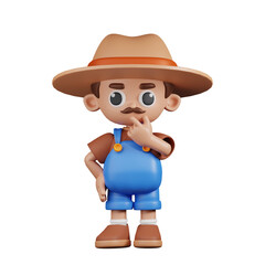 3d Character Farmer Curious Pose. 3d render isolated on transparent backdrop.