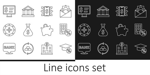 Set line Graduation cap and coin, House with percant discount, Smartphone dollar, Money bag, Safe, Monitor, Piggy bank and Bank building icon. Vector