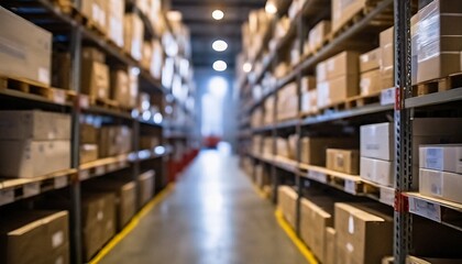 Fototapeta premium Large wharehouse with rows of shelves and goods boxes. Generative ai.