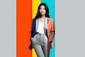 Asian Businesswoman in color studio Background Dressed in jacket made of pieces of fabric of different colors. Patchwork - obrazy, fototapety, plakaty