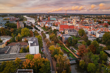 The old town in Opole during autumn sunset. Beautiful contrasting light set the mood for this view.