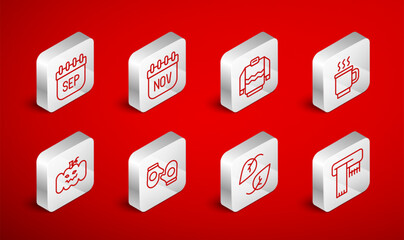 Set line Winter scarf, November calendar autumn, Sweater, Cup of tea, Leaf, September, Christmas mitten and Pumpkin icon. Vector