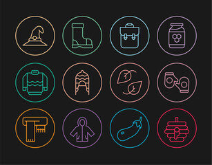 Set line Hive for bees, Christmas mitten, School backpack, Winter hat, Sweater, Witch, Leaf and Waterproof rubber boot icon. Vector