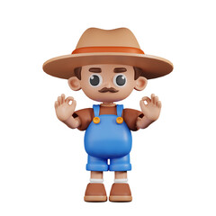 3d Character Farmer Giving Ok Hand Gesture Pose. 3d render isolated on transparent backdrop.