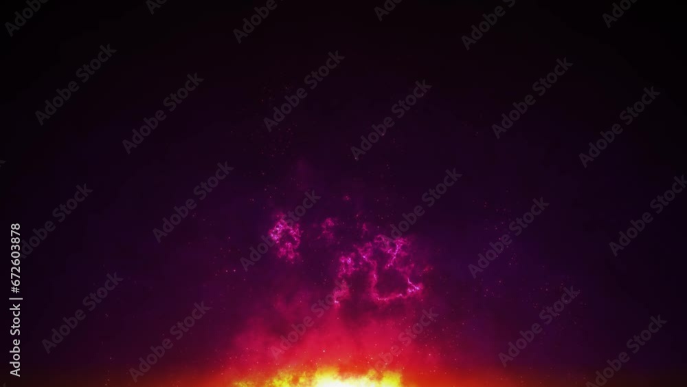 Wall mural abstract 4k seamless loop nebula background with glowing red fire lights and sparkling flying partic