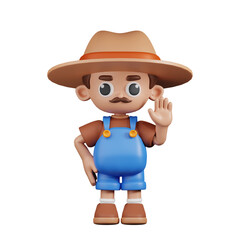 3d Character Farmer Hands Up Pose. 3d render isolated on transparent backdrop.