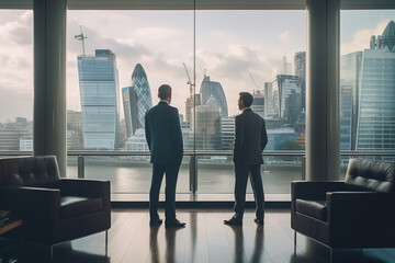rear view of Successful executive in early 40s standing with hand on hip and conversing with client while looking through window at London’s financial district - obrazy, fototapety, plakaty