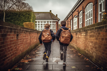Rear view of two boys running in their school yard in the North East of England, They are running towards the door with their backpacks - obrazy, fototapety, plakaty