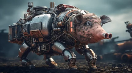 Fotobehang AI generated illustration of a futuristic robotic pig in the dirt © Wirestock