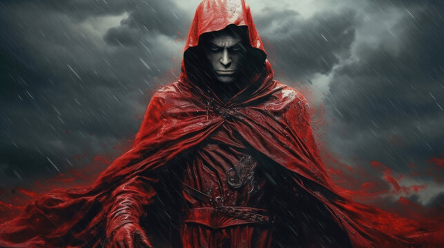  Mysterious figure in a red cloak braving a stormy backdrop. The ominous presence of the cloaked character against a torrential rain sets a dramatic scene. - Powered by Adobe