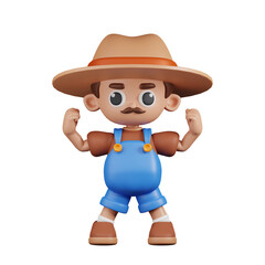 3d Character Farmer Looking Strong Pose. 3d render isolated on transparent backdrop.