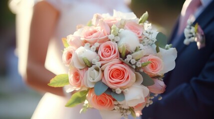 Wedding bouquet in the hands of the bride and groom at the ceremony