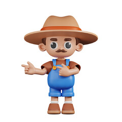 3d Character Farmer Pointing Fingers In Direction Pose. 3d render isolated on transparent backdrop.