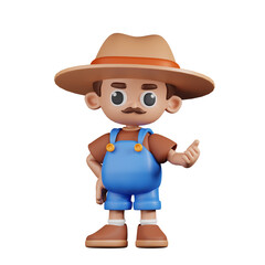 3d Character Farmer Pointing Next Pose. 3d render isolated on transparent backdrop.