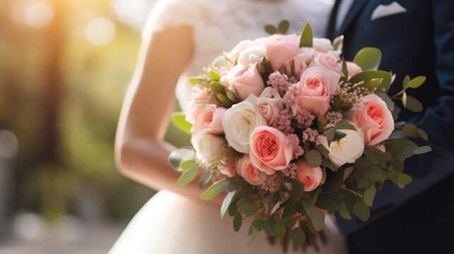 Wedding bouquet in the hands of the bride and groom at the ceremony