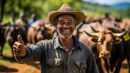 Joyful Brazilian farmer with sustainable cattle farming award. - obrazy, fototapety, plakaty