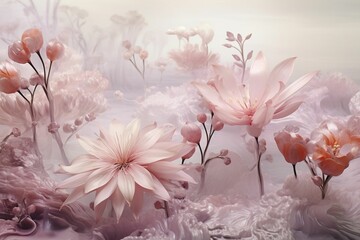 AI generated illustration of a beautiful, white floral arrangement consisting of soft pink flowers