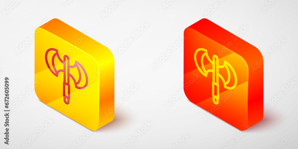Poster isometric line medieval poleaxe icon isolated on grey background. yellow and orange square button. v