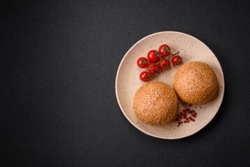 Delicious fresh crispy white round bread with seeds and grains