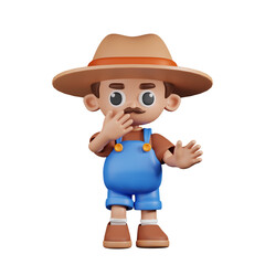 3d Character Farmer Surprised Pose. 3d render isolated on transparent backdrop.