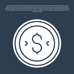 Blue line Coin money with dollar symbol icon isolated on blue background. Banking currency sign. Cash symbol. Vector