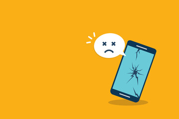 Broken smartphone with sad smile. Broken phone service, recovery and repair concept.	