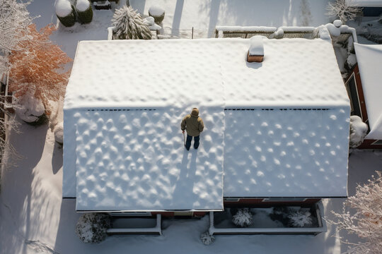 Aerial View of a Man Shoveling Snow From a House Roof Top After Snowstorm, aesthetic look