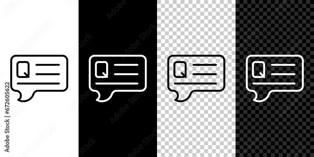 Poster set line speech bubbles with question icon isolated on black and white, transparent background. faq 