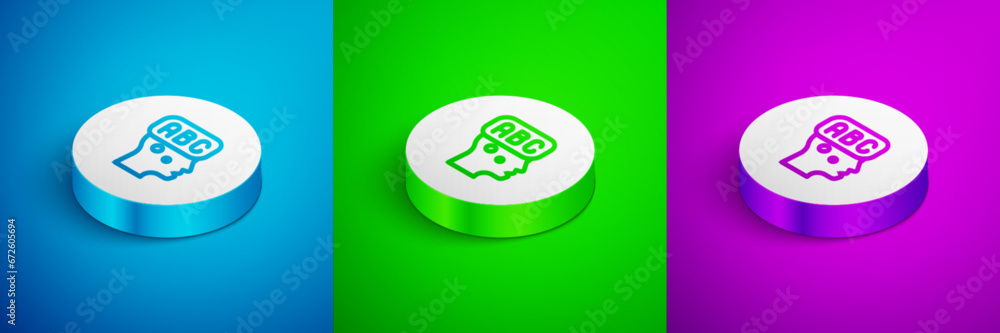 Poster isometric line learning foreign languages icon isolated on blue, green and purple background. white 