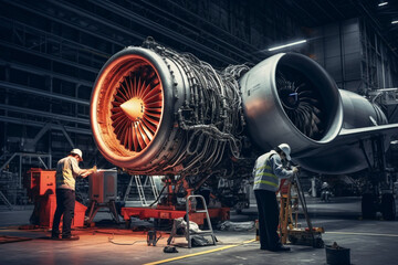 Aircraft Jet engine maintenance in airplane hangar, aesthetic look - obrazy, fototapety, plakaty