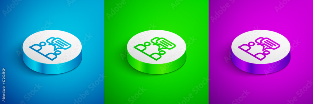 Poster isometric line two sitting men talking icon isolated on blue, green and purple background. speech bu