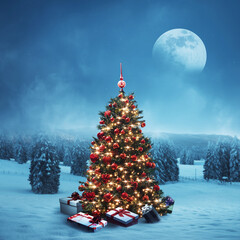 Wintry landscape, decorated Christmas tree and gifts
