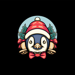 Penguin Christmas And Bells Retro Illustration