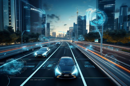 An image of self-driving vehicles on the road, demonstrating the future of autonomous transportation and the integration of smart technology in automobiles, aesthetic look