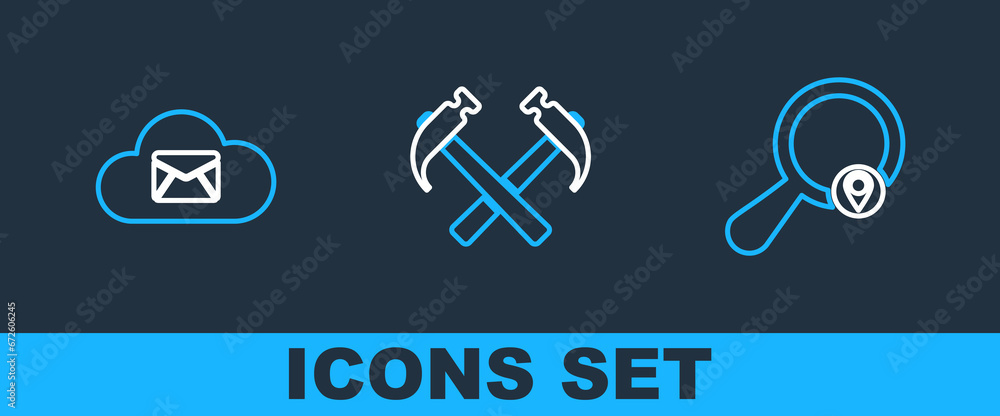 Aufkleber set line search location, cloud mail server and two crossed hammers icon. vector
