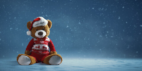 Cute Christmas Teddy Bear and snow falling - obrazy, fototapety, plakaty